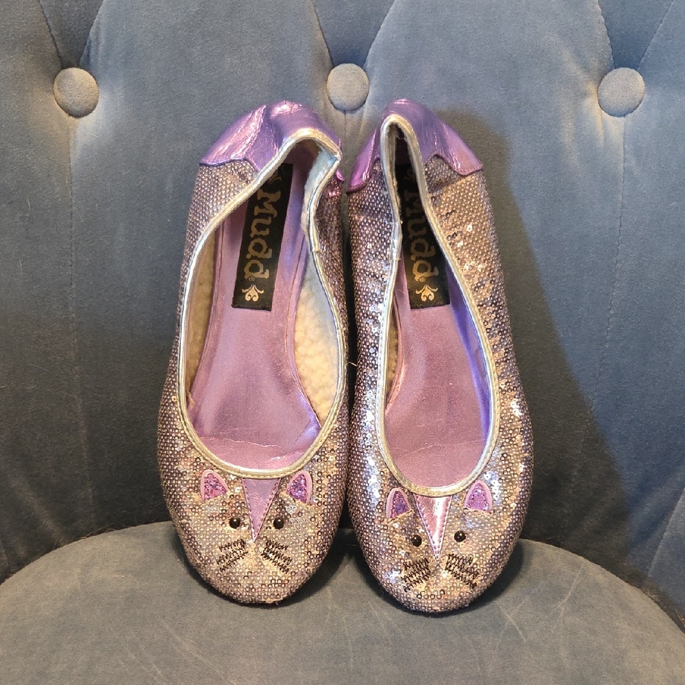 Mudd Purple and Silver Loafers with Cat Design